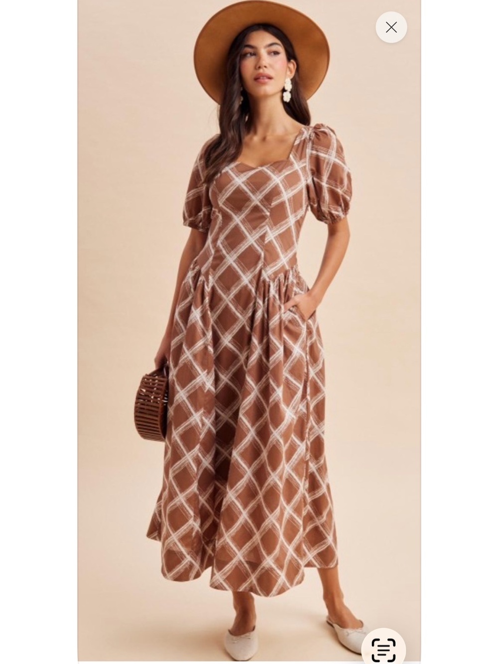Brown Plaid Maxi Dress with Puff Sleeves